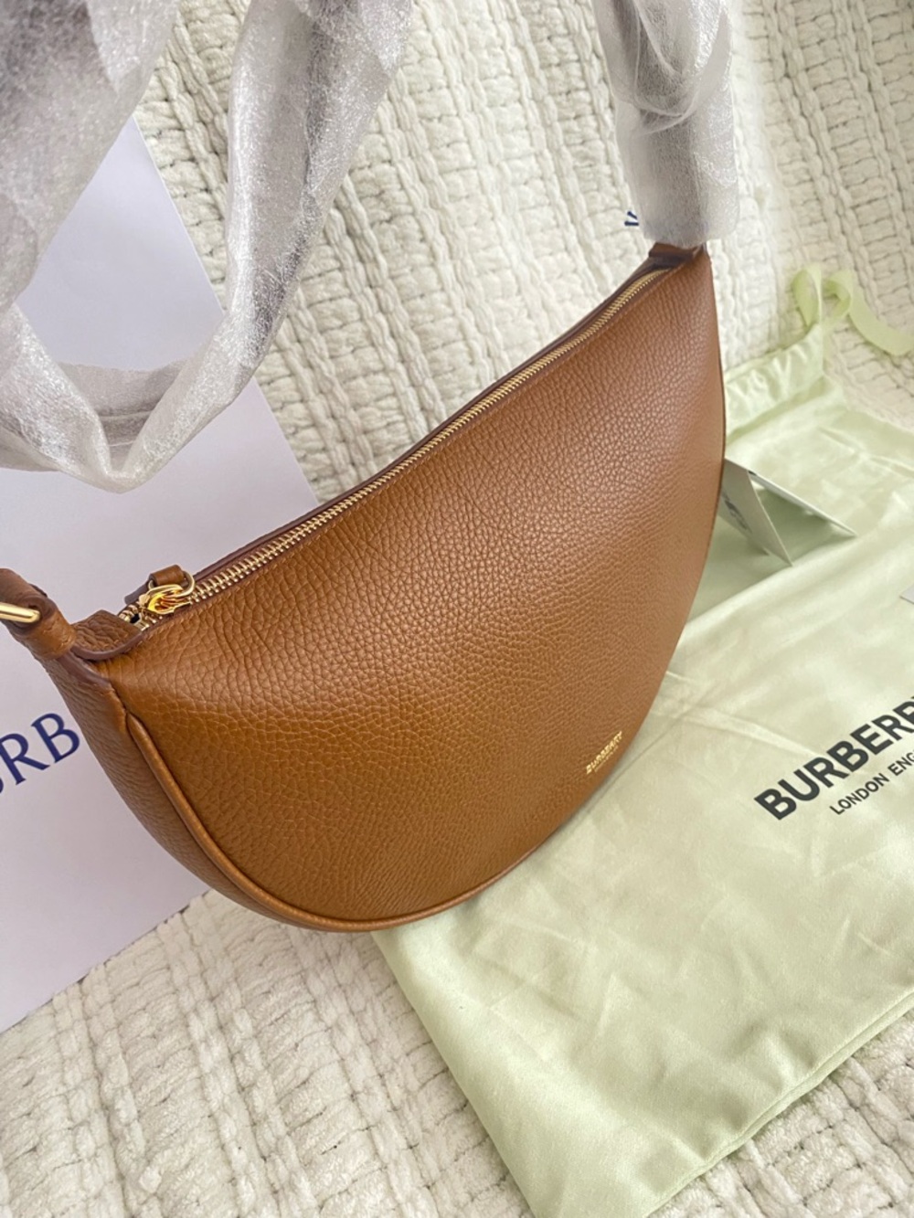 Burberry All Soft Large Tan Leather Half Moon Crossbody Sling Bag NWT - Picture 12 of 13